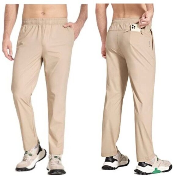 Baleaf Men's Running Stretch Golf Workout Pants Water Resistant Khaki Large - Picture 1 of 14